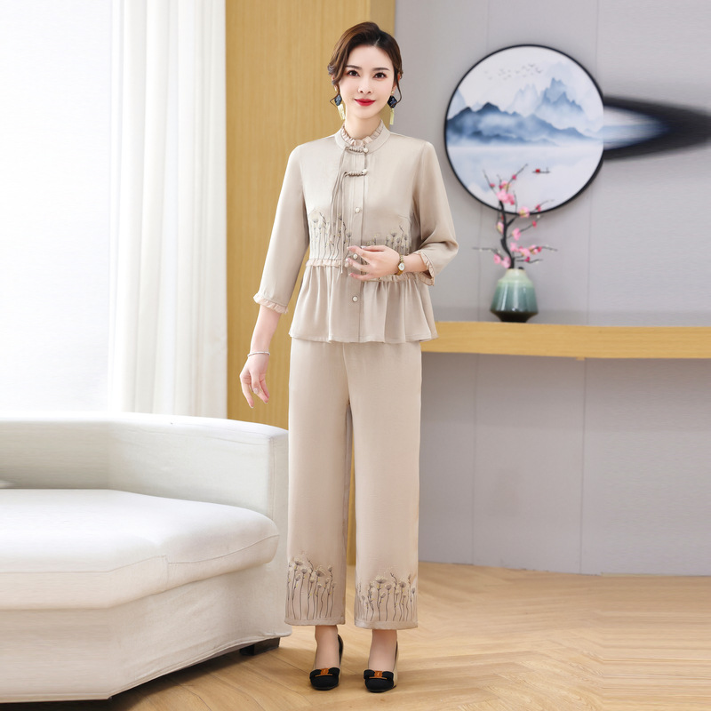 New Chinese Style National Style Mom Spring/Summer Suit Middle-Aged Women's Top Thin Fashion Two-Piece Shirt Clothes
