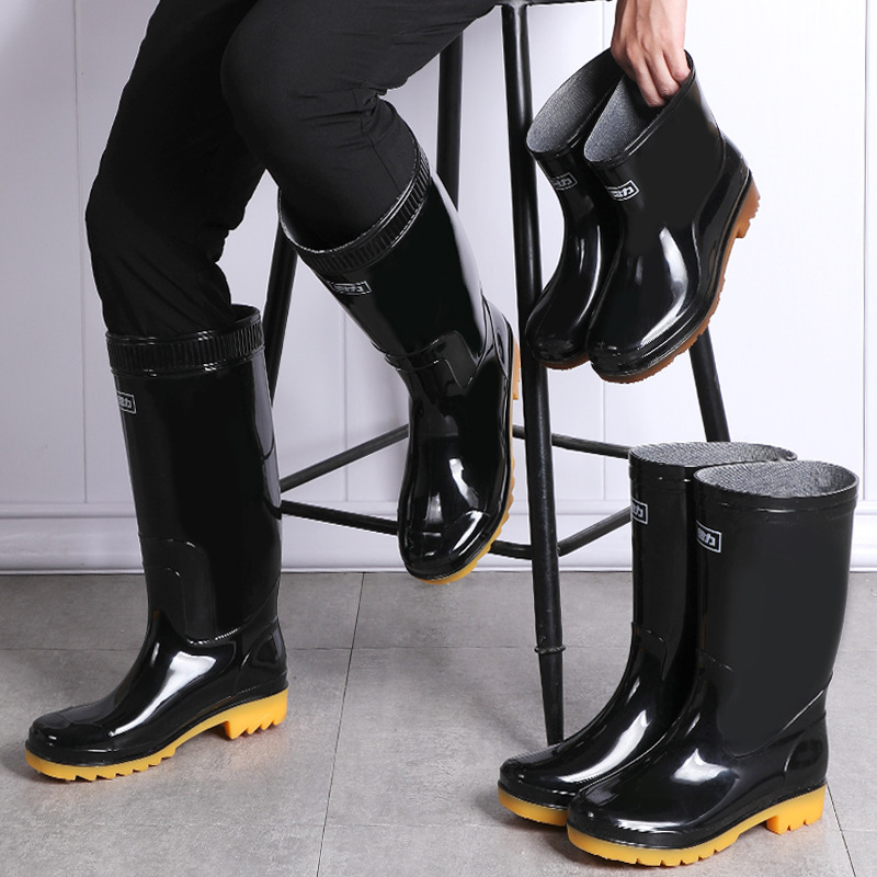 Professional Labor Protection round Toe Black 807 Men's Warrior Rain Boots High PVC Non-Slip Tendon Bottom Pull Back Rain Boots