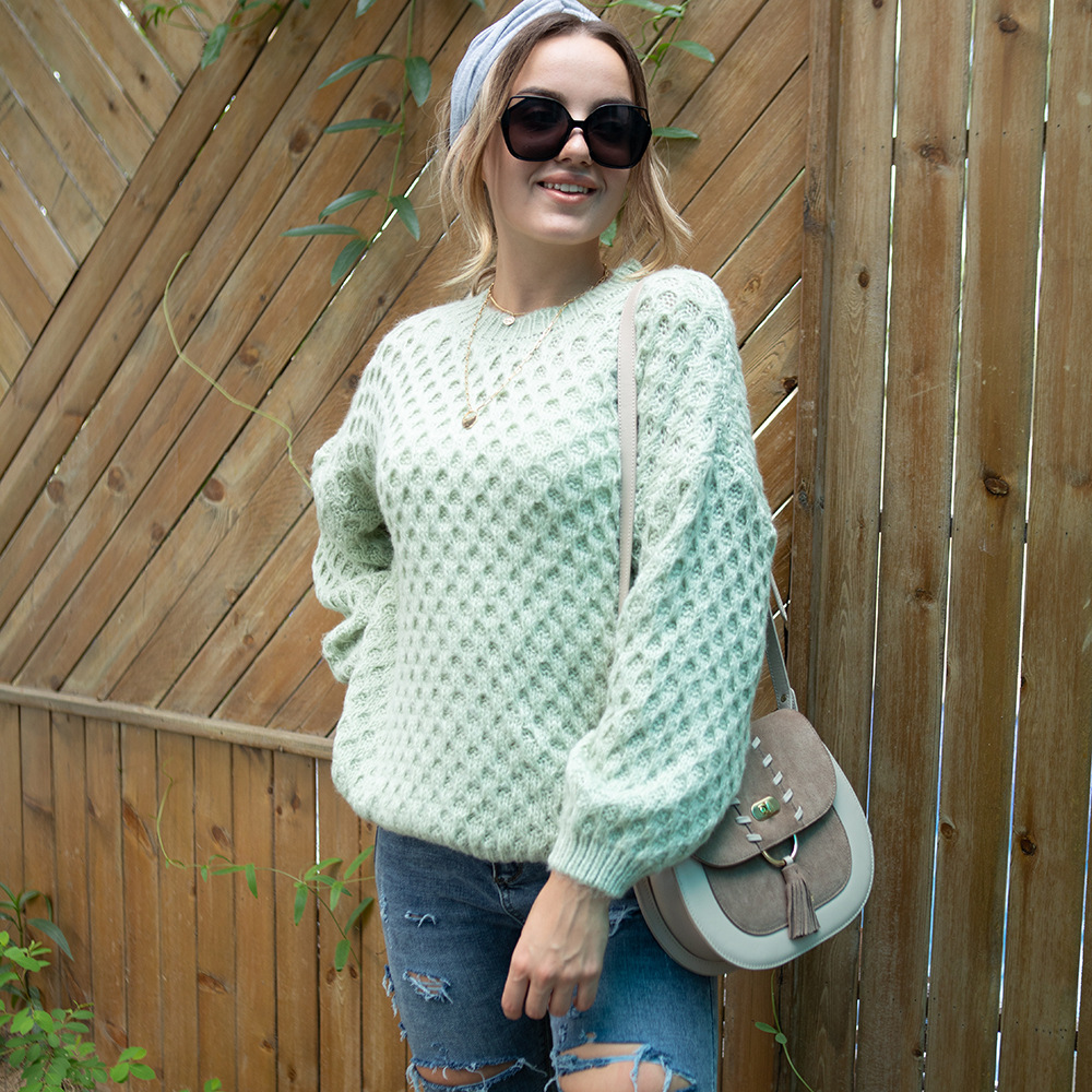 跨境货源2021秋季欧美休闲套头圆领长袖网格毛衣女式针织衫