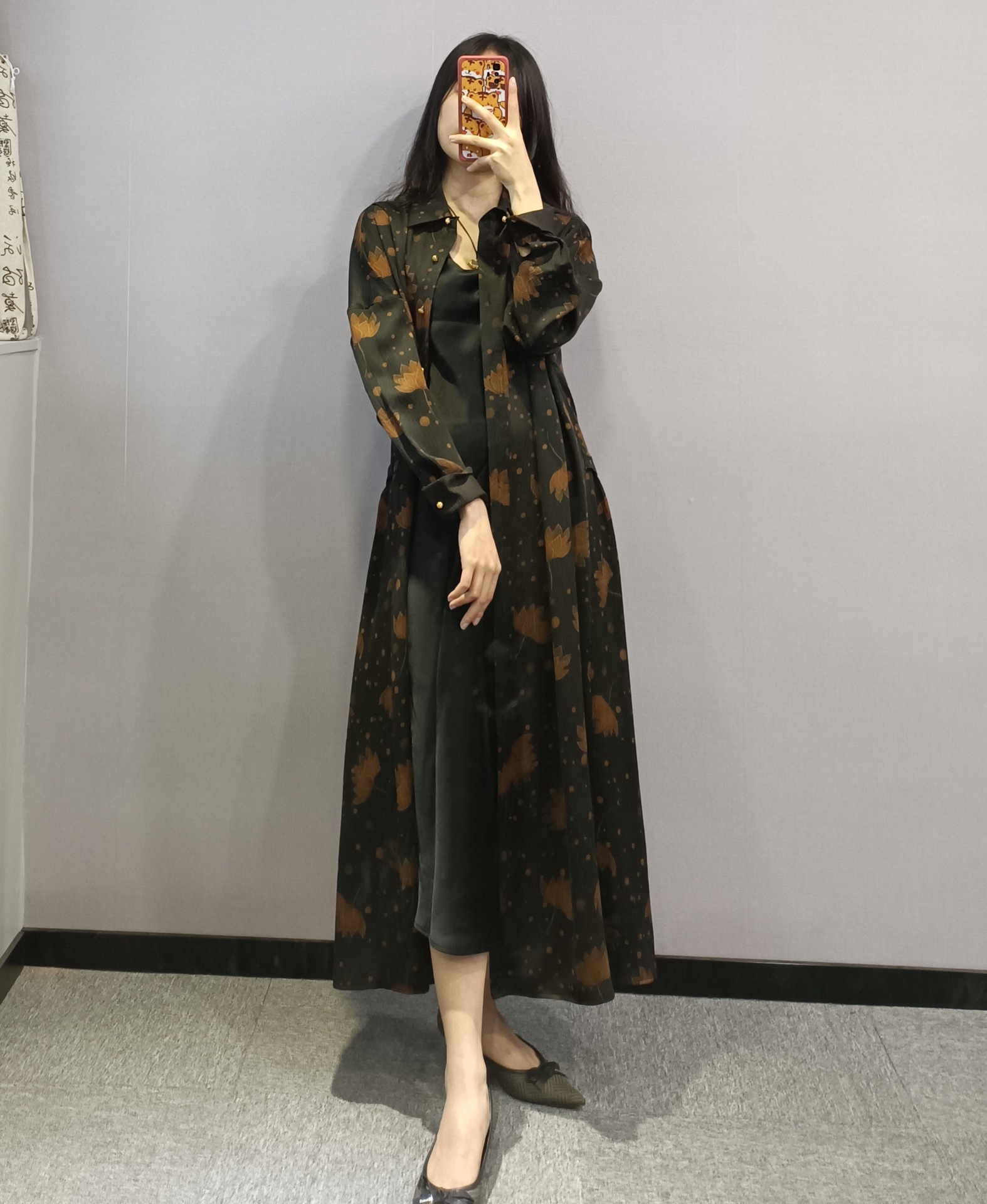 秋冬季国风香云纱风衣外套女双面穿莲花印花中式禅意长款真丝外套