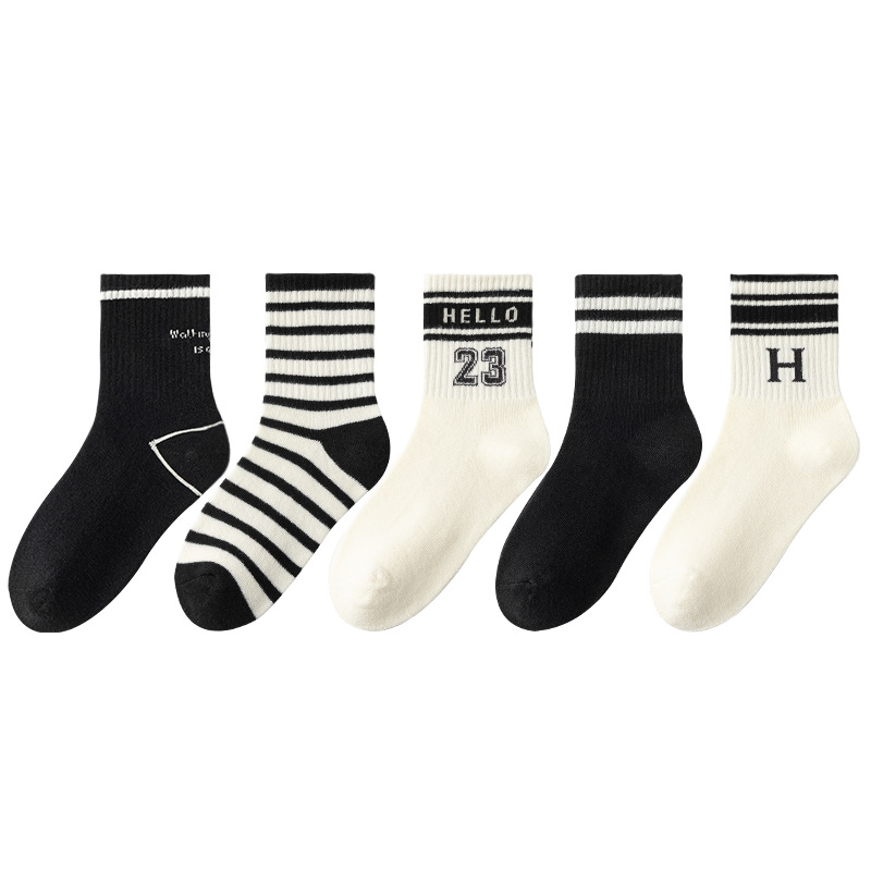 Children's Socks Spring and Autumn Cotton Socks Korean Ins Black and White Stripes Girls' Stockings Autumn and Winter Student Boy Trendy Socks