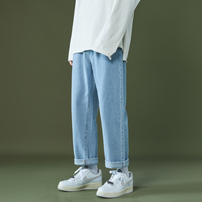   Hong Kong Style Jeans Straight Casual Men's Spring and Summer Draped Pants oose Comfortable Japanese Style All-Matching Cropped Pants