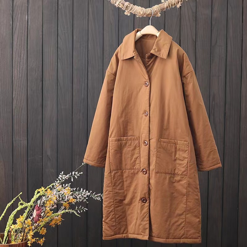 复古纯色夹棉外套女中长款翻领棉衣棉服冬季新品宽松保暖长款棉袄