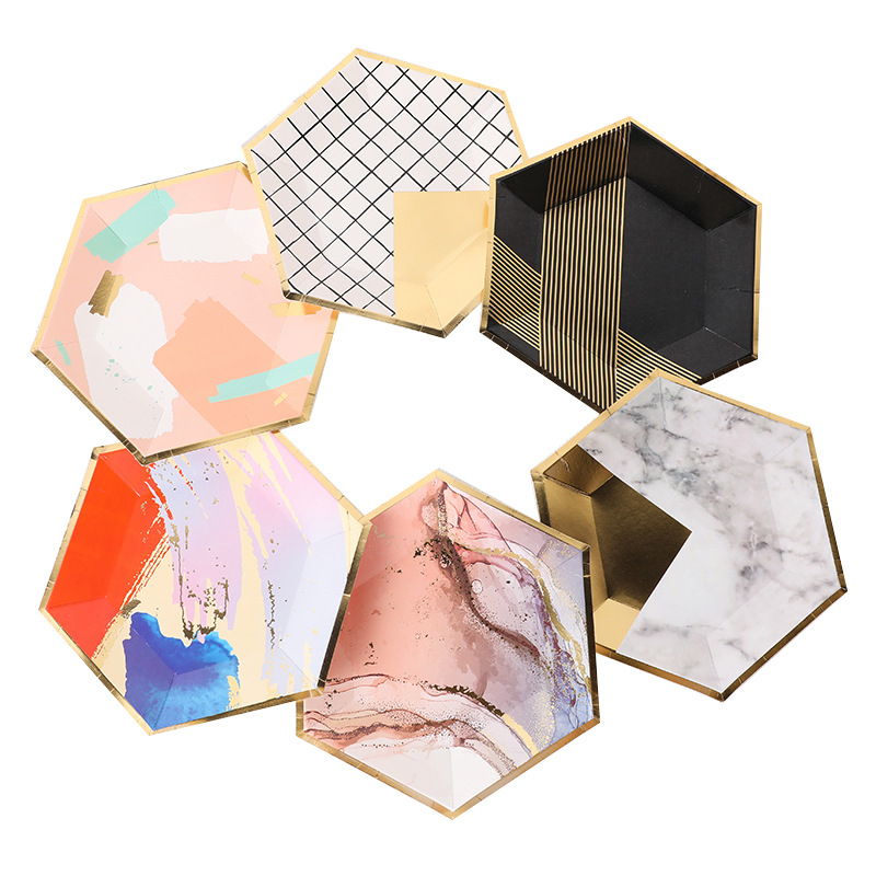 Cross-Border New Hexagonal Color Hot Gold Foil Paper Pallet Birthday Party Supplies Disposable Diamond Paper Pallet