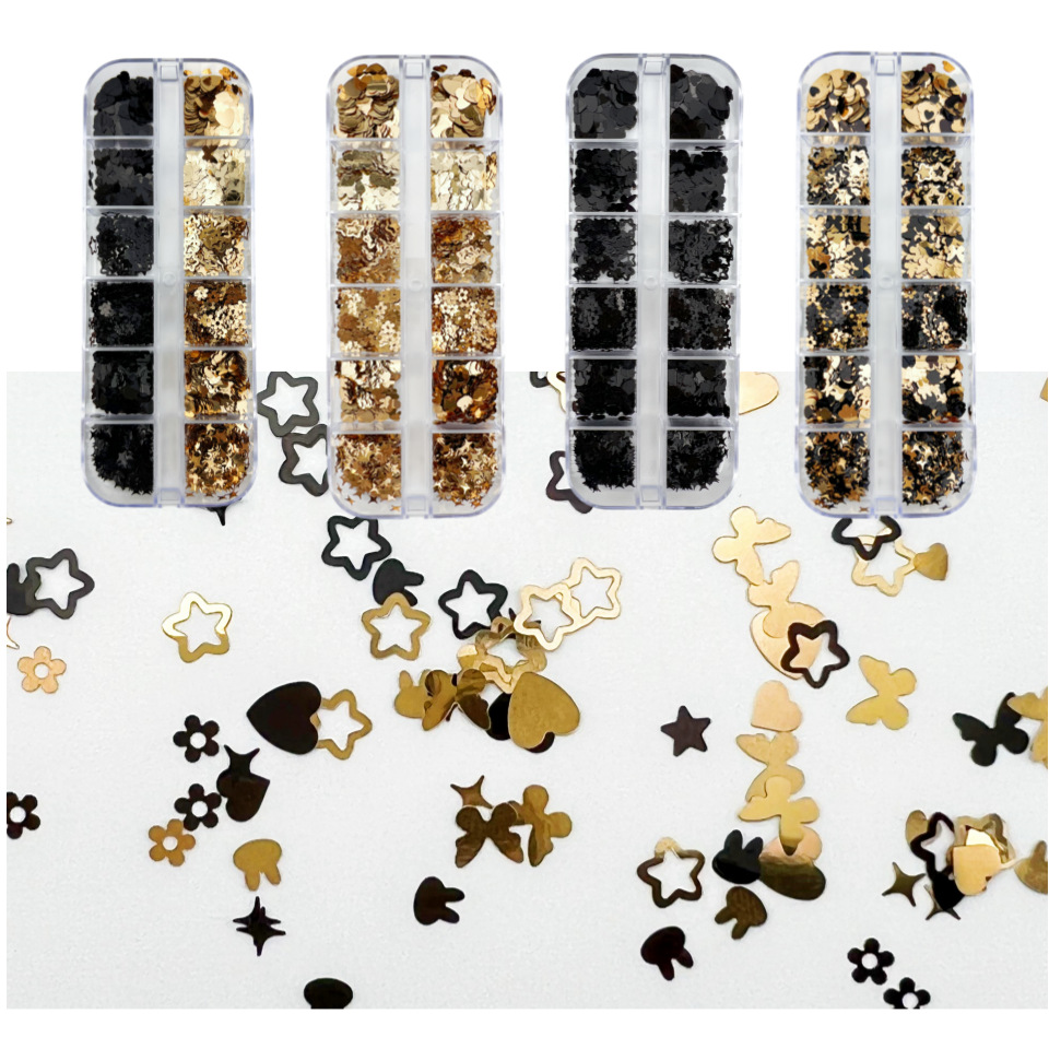 12 Grid Boxed Black Gold Butterfly Love Star Nail Sequins Beauty False Eyelashes Epoxy DIY Decorative Sequins