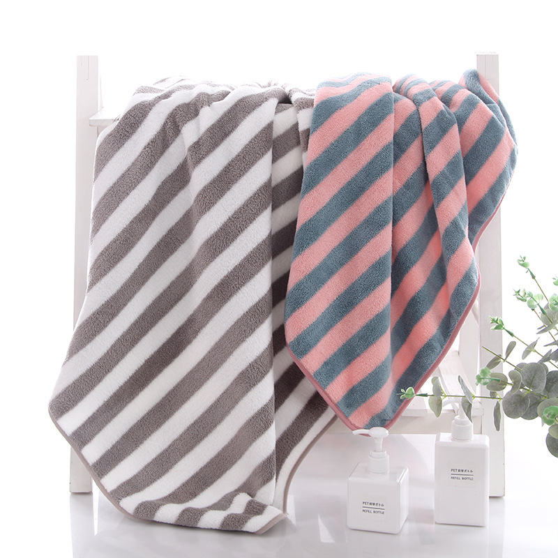 毛巾家居日用阳离子珊瑚绒彩条浴巾 柔软吸水超细纤维大浴巾批发