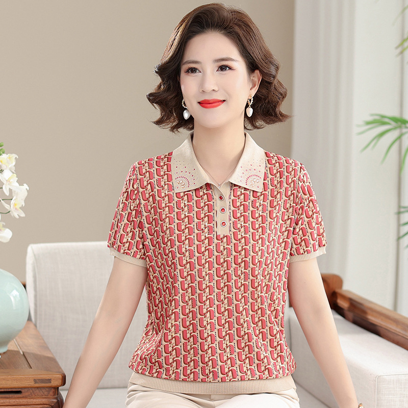 Mom Summer Clothes Knitwear Middle-Aged and Elderly Women's Knitted Cotton Lapel T-shirt Middle-Aged Women's Short Sleeve ICE Cotton Top