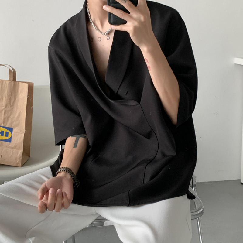 pureピュア衬衫男设计感小众古巴领七分袖衬衣性感露锁骨短袖寸衫