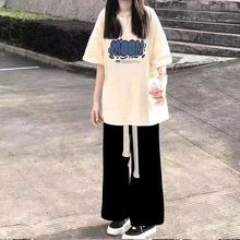 盐系穿搭一整套夏季韩版印花T恤女学生百撘休闲阔腿裤两件套装倩