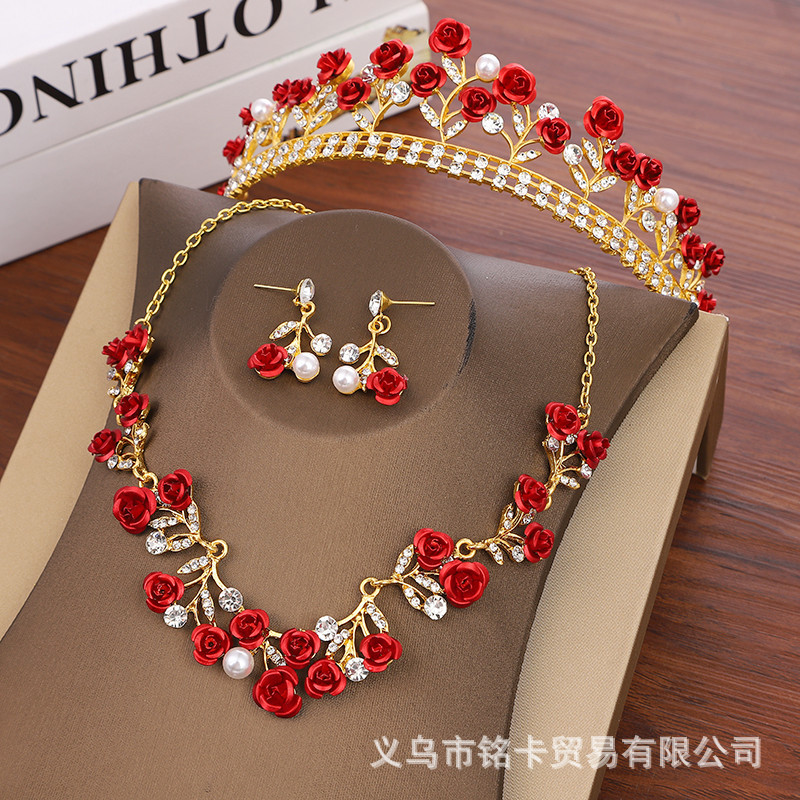 欧美新娘奢华红色玫瑰花气质项链耳环高档皇冠结婚礼服三件套首饰