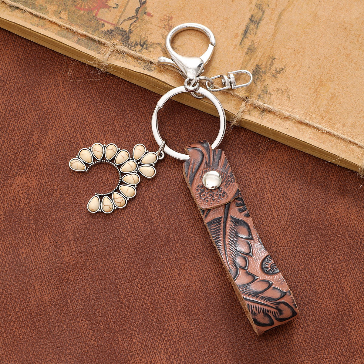 New Brown Genuine Leather Pattern Keychain Alloy Western Cowboy Hat Cactus Natural Turquoise Accessories Cross-Border