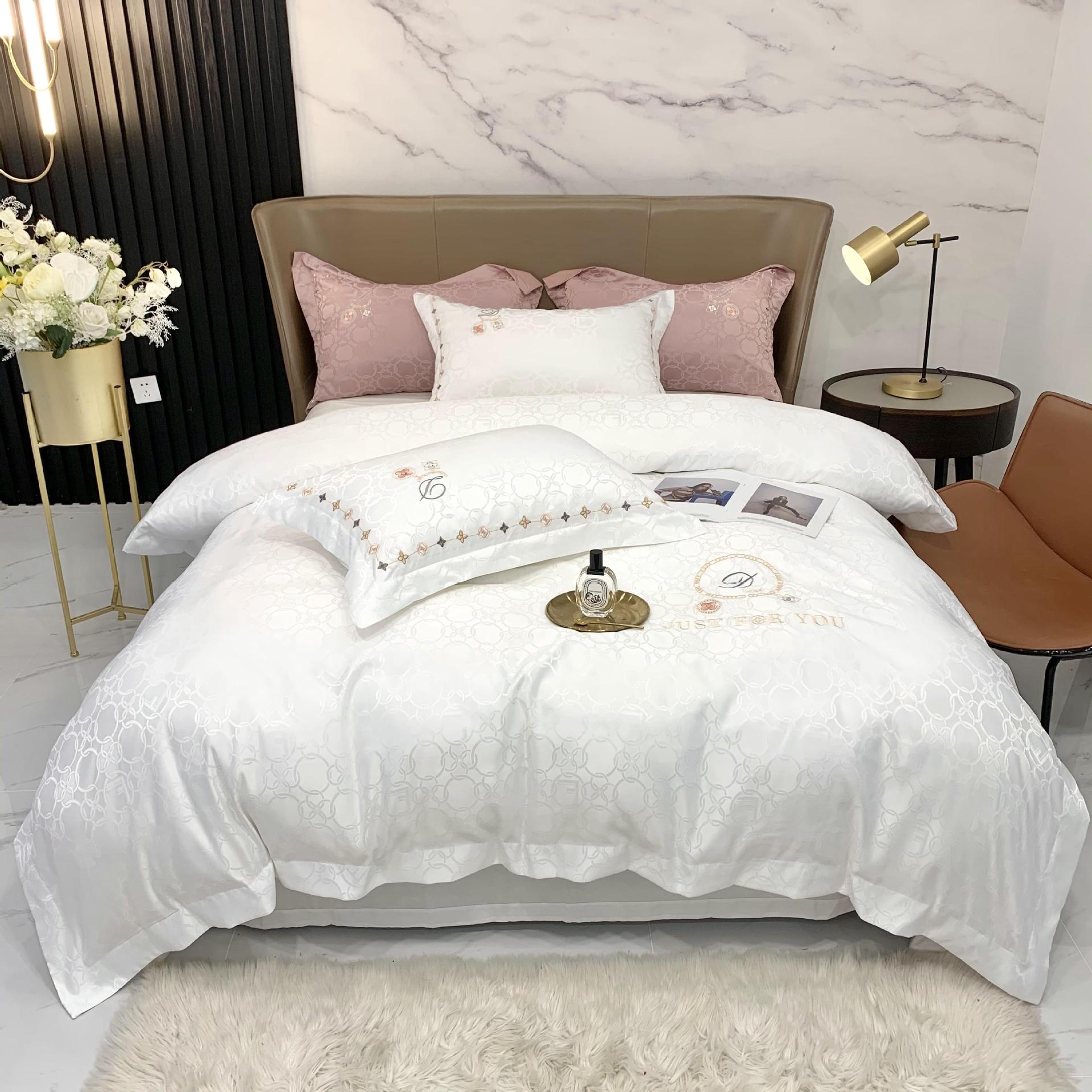 五星级酒店风白色全棉四件套纯棉裸睡刺绣被套床单床笠款床上用品