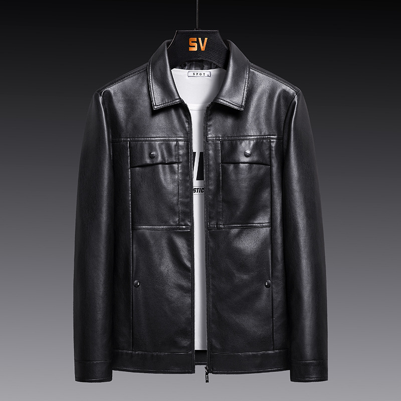 跨境皮衣男士pu皮中年商务休闲春秋新款宽松翻领夹克衫男装皮外套