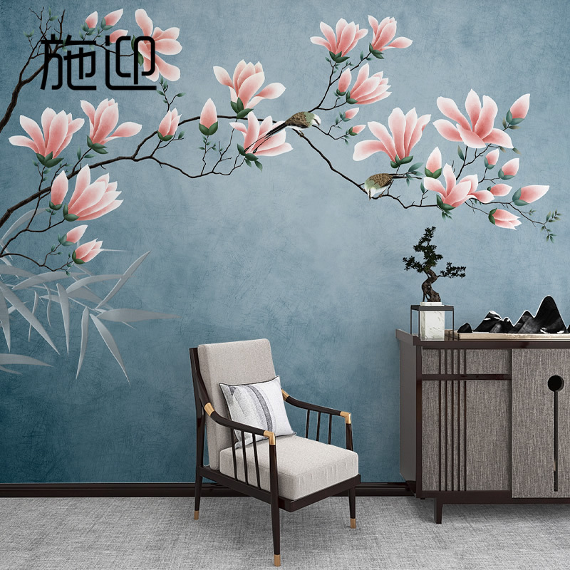 现代新中式客厅电视背景墙壁纸玉兰花鸟影视墙墙布壁画3d墙纸