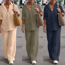 欧美亚马逊独立站新款女式棉麻两件套长袖衬衫阔腿裤休闲纯色套装