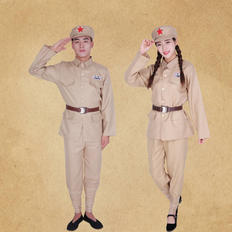 成人男女绿军装黄解放军八路红军元旦红歌大合唱演出衣服舞蹈服装