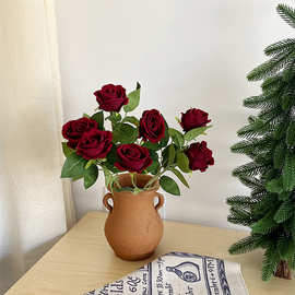 玫瑰花单支绒布仿真花情人节婚礼布置酒店装饰花假花玫瑰厂家批发