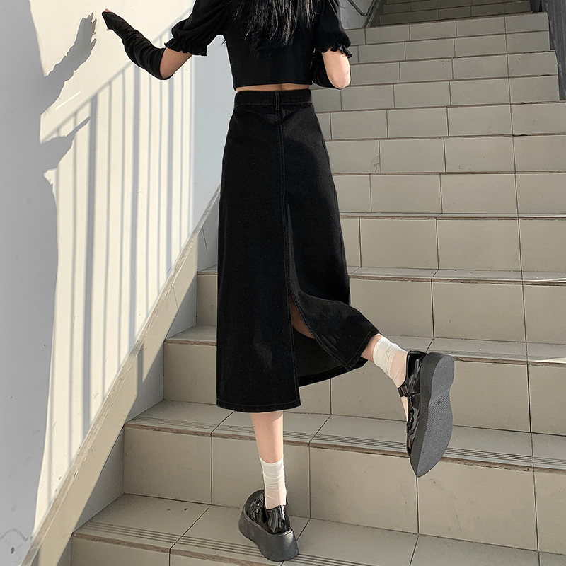 004黑色半身牛仔裙女2022春夏胖mm高腰开叉包臀a字中长裙潮