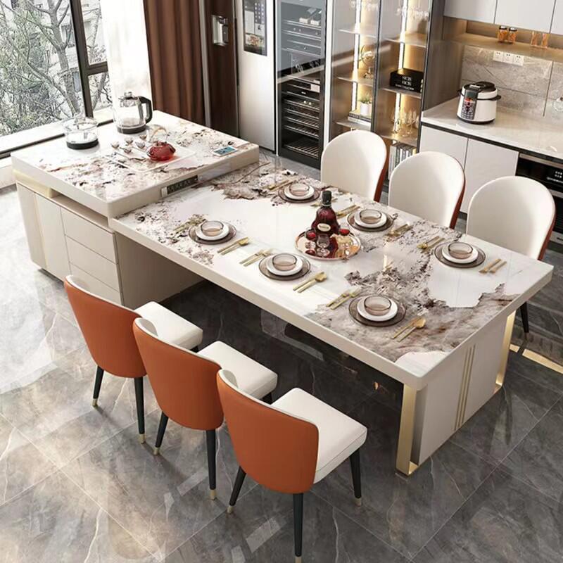 轻奢高端岩板中岛台餐桌一体可伸缩家用大户型多功能开放厨房导台