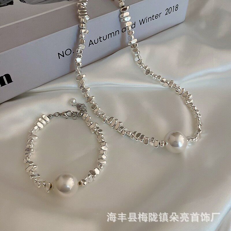 Women's Silver-Broken Two Small Square Pearl Necklace Original Irregular Design Clavicle Chain Fashion Retro High-End Necklace