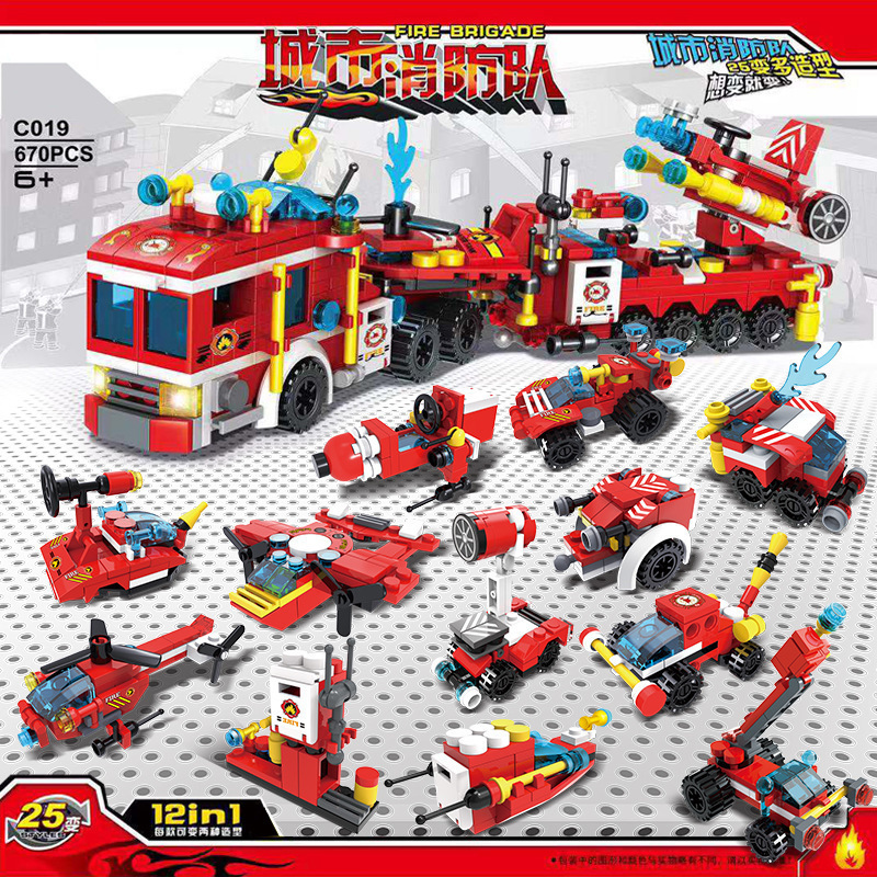 Compatible with Lego City Fire Truck 25-Change Puzzle Assembled Building Blocks Boys Toys Large Gift Box Wholesale