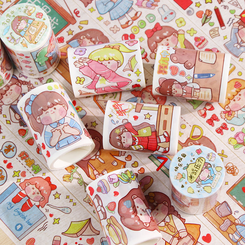 新款可爱卡通日系肉球女孩特油手帐胶带循环和纸diy素材手账贴纸