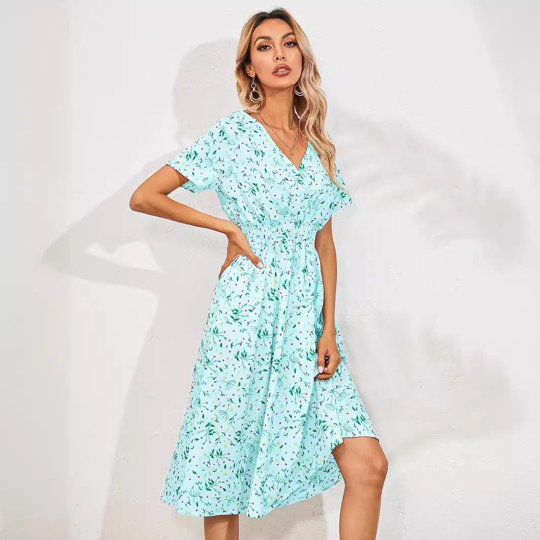 2024 Foreign Trade Women's Clothing European and American European Station Amazon Cross-Border Summer Small Floral Print Short Sleeve Dress Women Clothes