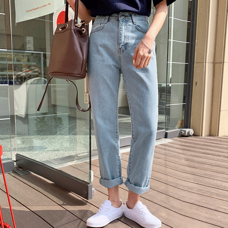   Harem Jeans Women's Spring and Autumn 2023 New High Waist Korean Style oose ight Blue Straight Ankle-ength Dad Pants