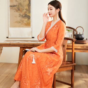 中国风禅意茶服女春季新款复古中长款唐装改良旗袍拼接连衣裙