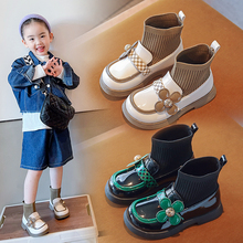 女童可爱小花朵袜靴2024年秋季新款儿童针织拼接小皮靴中大童单靴