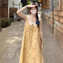黄色吊带碎花连衣裙子女夏季2024新款小个子海边度假绝美气质长裙