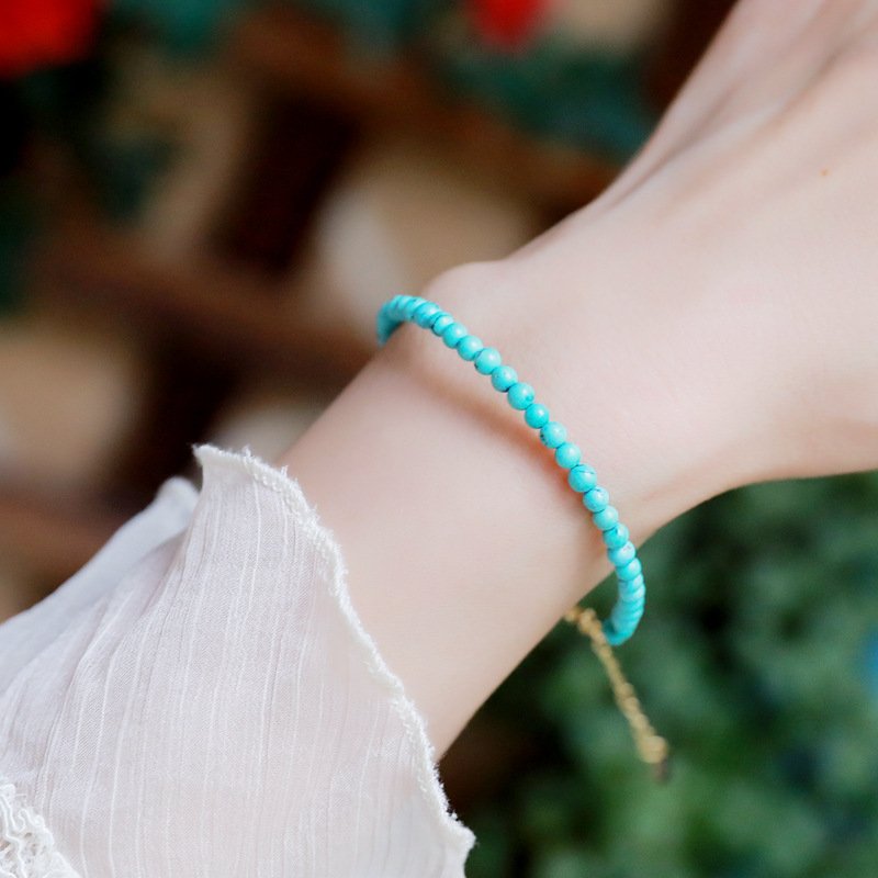 新款时尚极细天然绿松石手链男女情侣细款文玩圆珠蓝绿简约送亲友