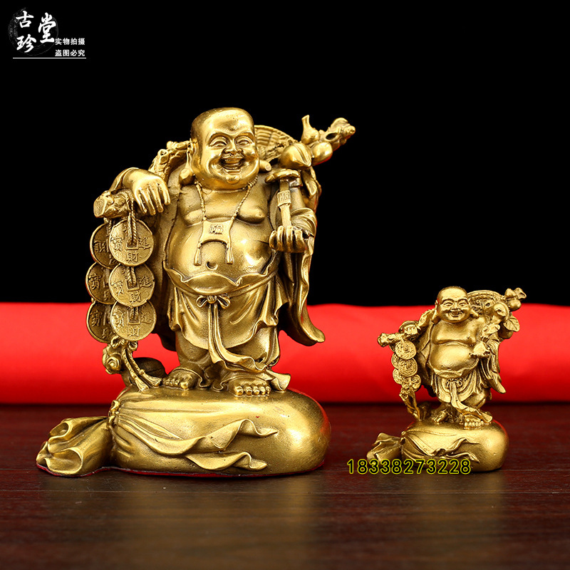 纯铜挑财弥勒佛摆件 大小号挑金币渡江大肚弥勒 家居玄关工艺礼品