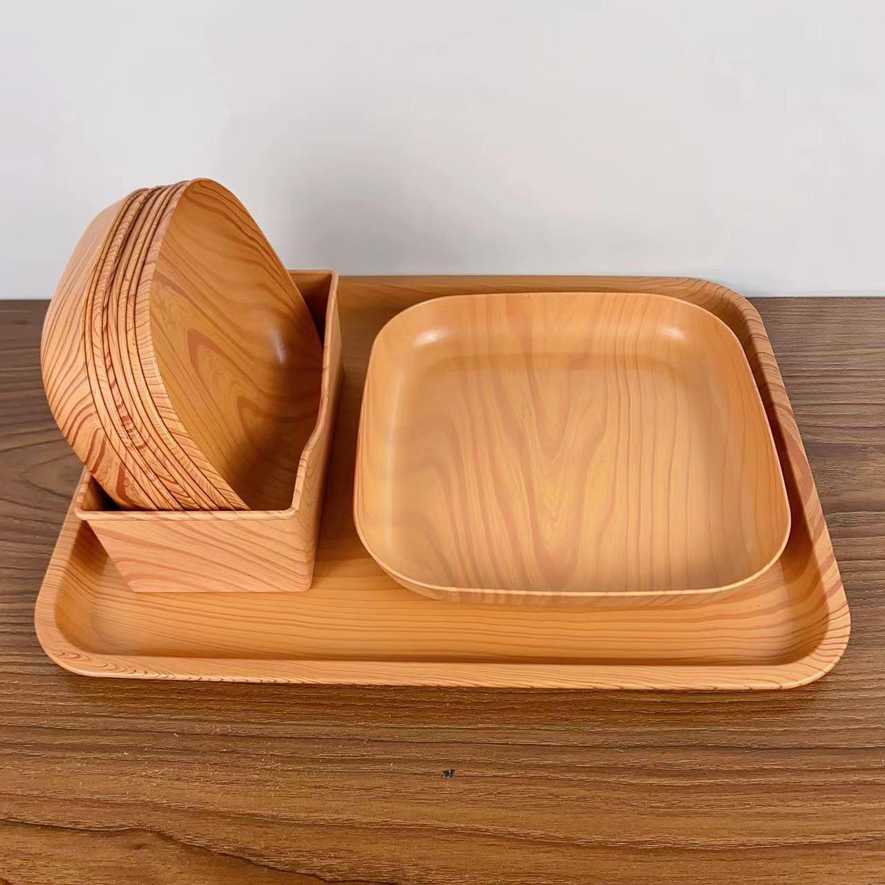 Creative Plastic Wood Grain Tray Set Household Bone Dish Fruit Plate Snack Dish Afternoon Tea Tray Dining Table Bone Dish