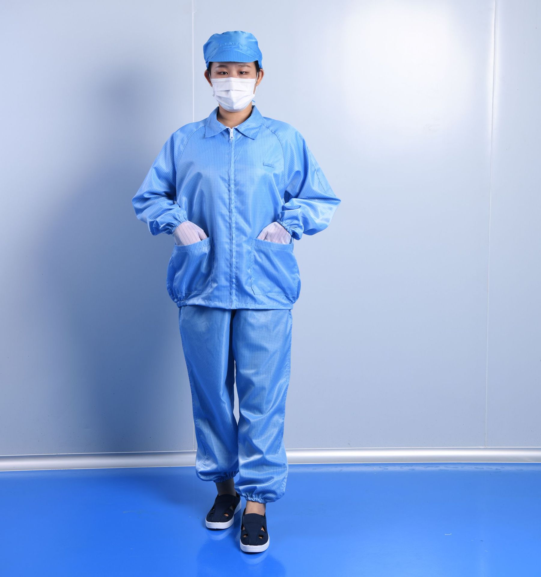 定制防静电连帽连体服斜开拉链网格百级无尘车间食品厂洁净衣服