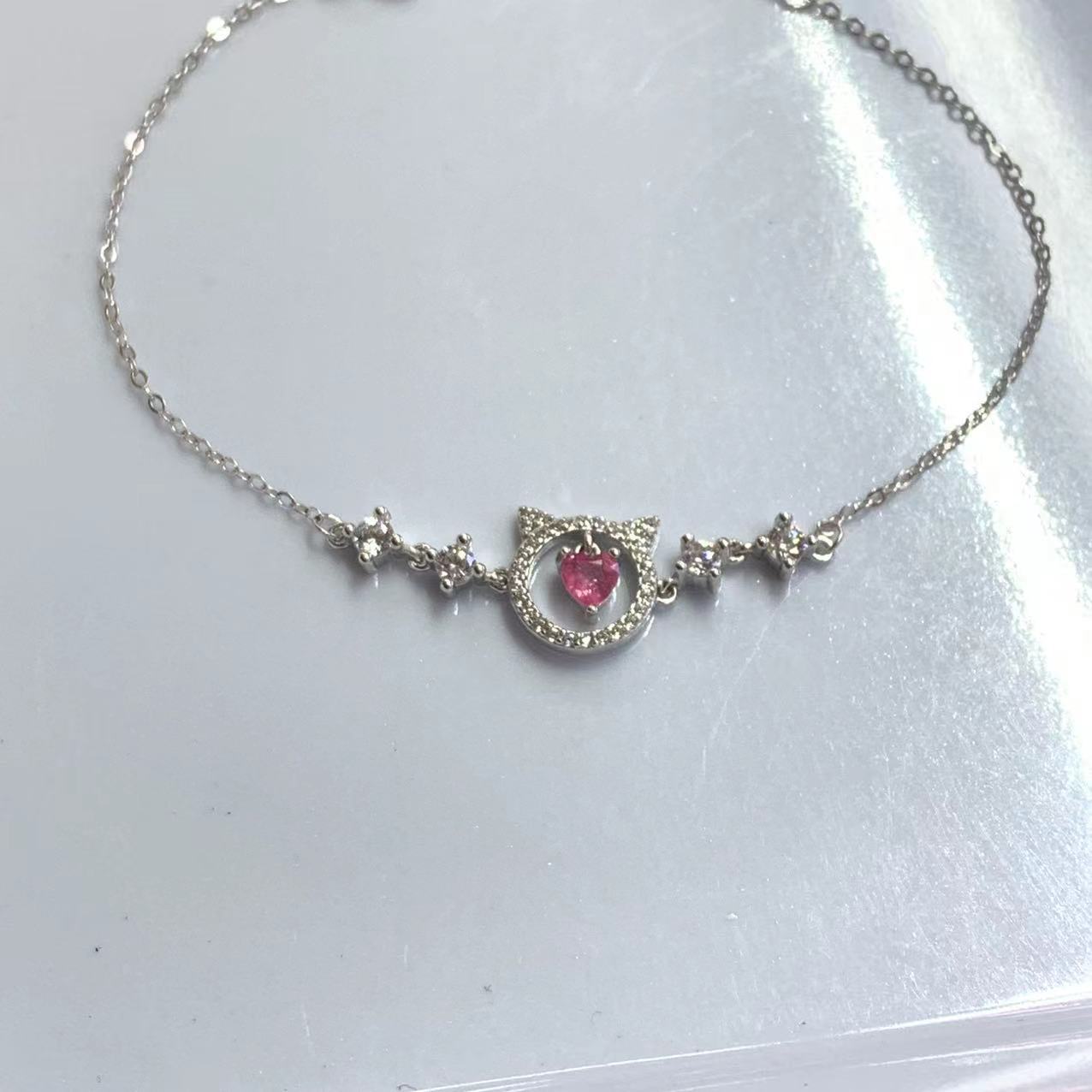 天然碧玺爱心形手链 2024年夏季新款饰品时尚百搭款饰 s925银镶钦