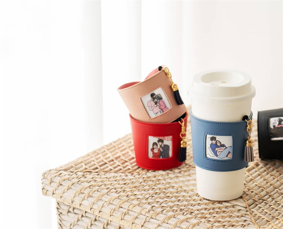 创意皮革流苏杯套 diy照片咖啡杯套 网红pu皮质饮料奶茶水杯套