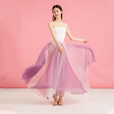 古典舞长裙飘逸撞色拼接大摆裙中国风民族舞练功服女舞蹈半身裙34