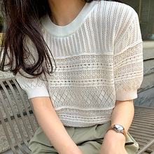 韩国chic夏季甜美圆领套头设计感镂空提花泡泡袖薄款针织衫上衣女