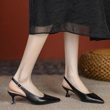 2024年新款夏季女法式优雅气质尖头单鞋黑色性感小跟包头凉鞋女鞋
