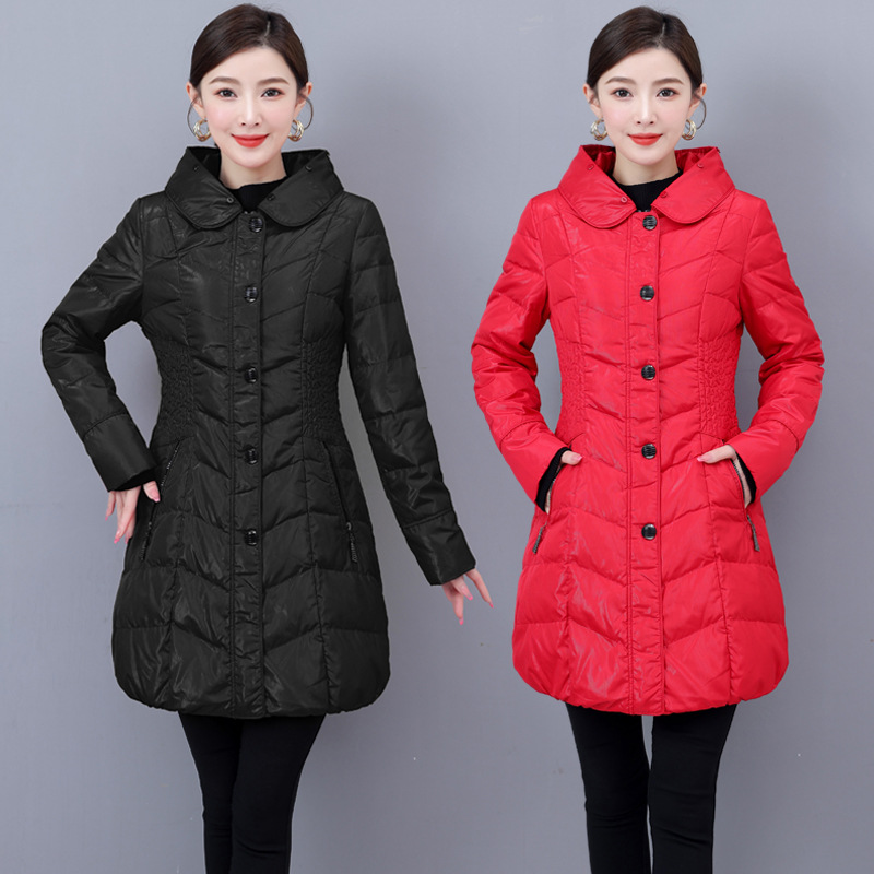 清仓特价时尚连帽中长款羽绒服女修身显瘦亮面料洋气翻领冬装外套