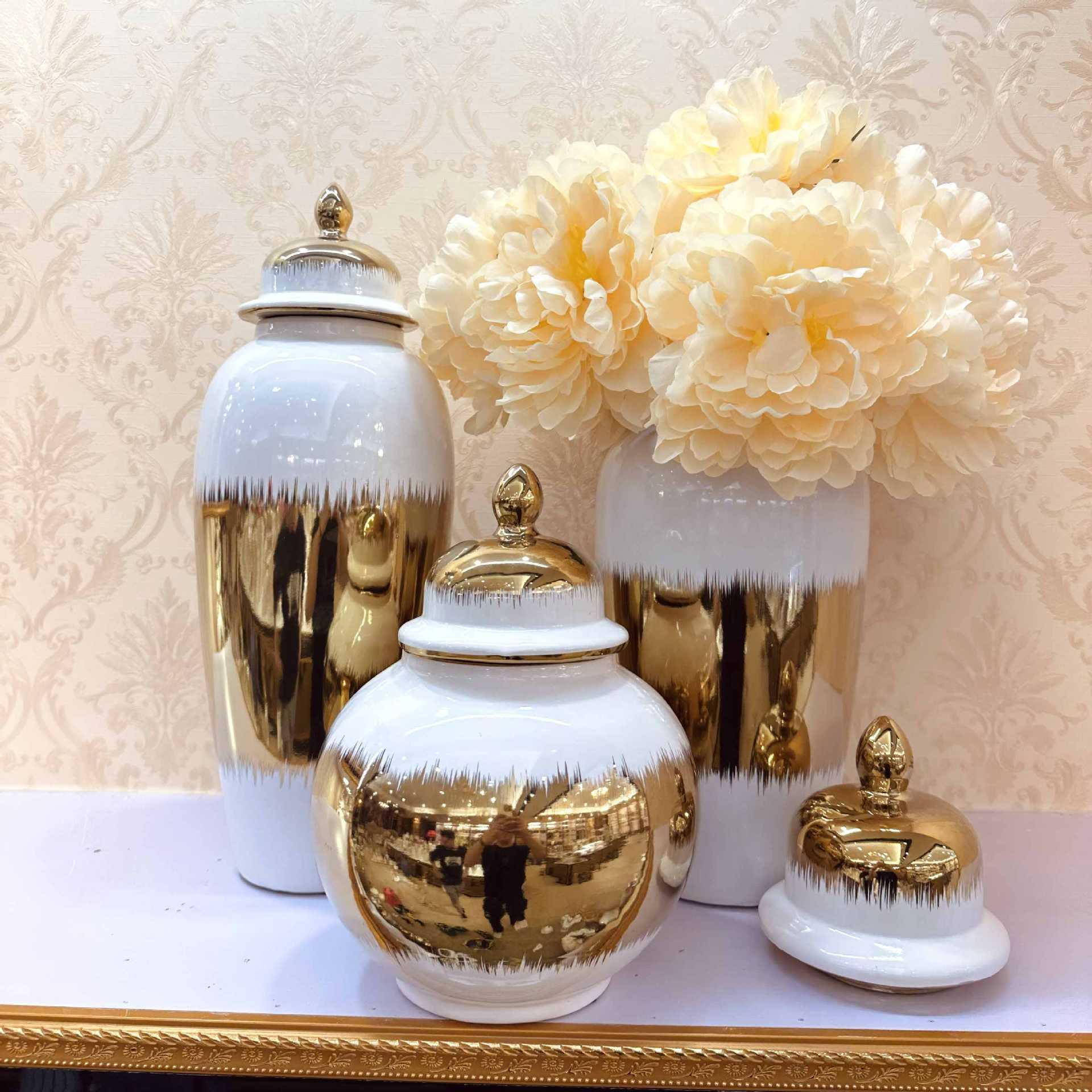 Crafts Furnishings Ornaments Factory Direct Cross-Border Electroplating Temple Jar Ceramic European Flower Vase Light Luxury