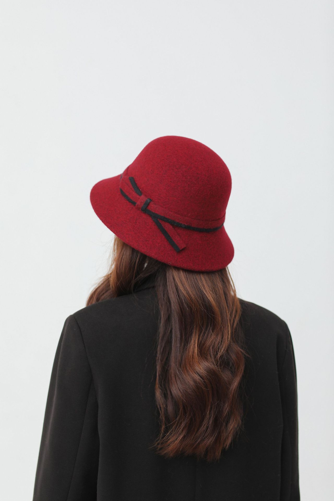 Solid Color Wool Bow Sun Hat Bucket Hat New Autumn and Winter Korean Style Face-Looking Small Plush Warm Women's Hat