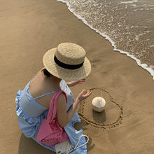 粥可可 平顶草帽女夏季防晒遮阳帽太阳帽海边沙滩帽子ins潮小清新