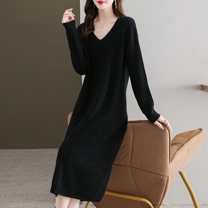 Autumn Winter Dress Female Long below the Knee Lazy Woolen Skirt 2023 Match with Coat Inner V-neck Knitted Base Skirt