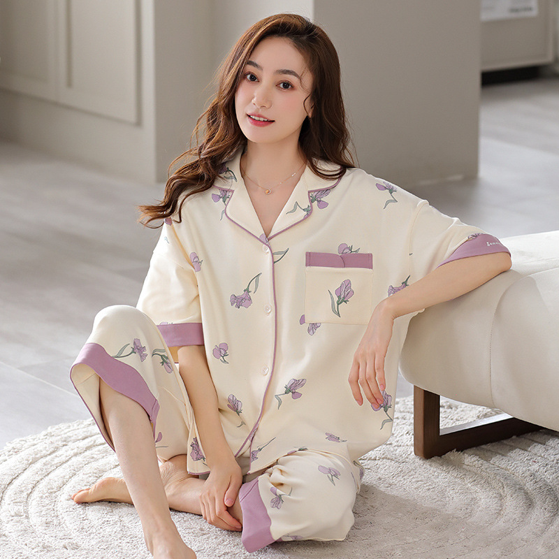 New Pajamas Women's Summer Simplicity Pure Cotton Cardigan Lapel Short Sleeve Large Size High-End Summer Can Be Outerwear Homewear