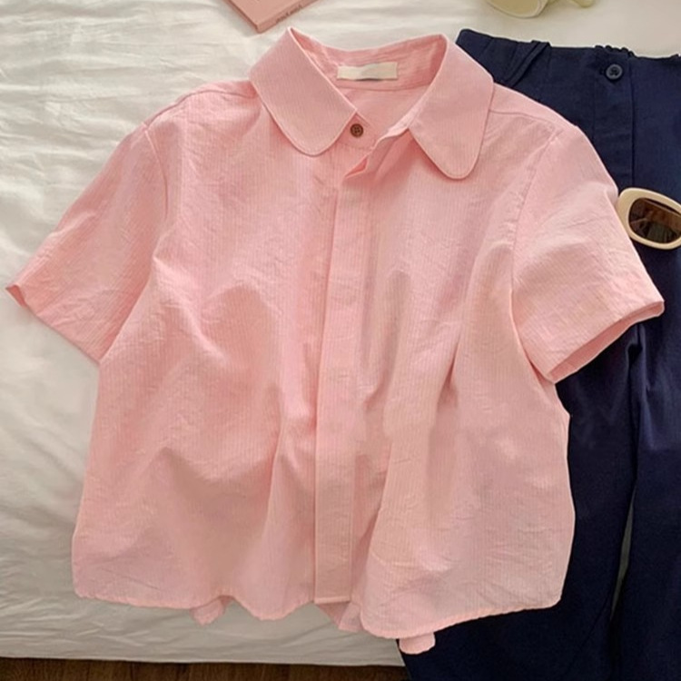 女装粉色polo领短袖衬衫女夏季新款别致百搭上衣-阿里巴巴