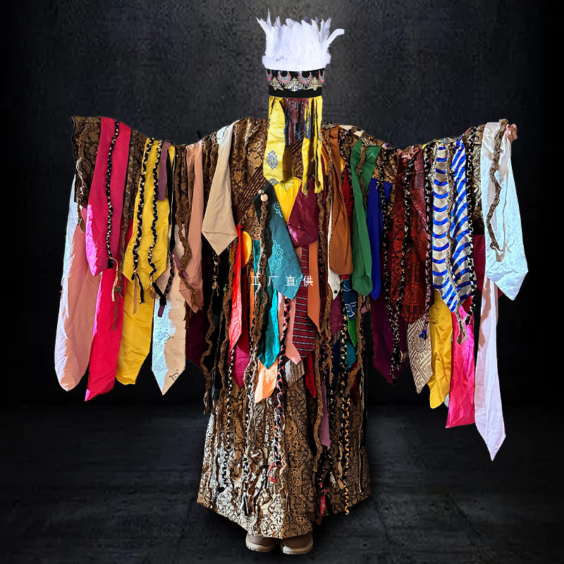 蒙古传统服饰创意飘带铃铛款五彩艳丽长袍传承祈福演出舞蹈道具