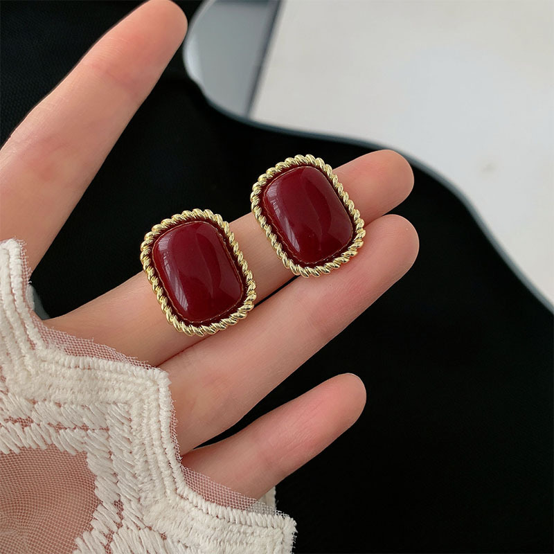 「摩登时代」方形红宝石s925银耳夹复古耳环法式巴洛克风耳钉耳饰