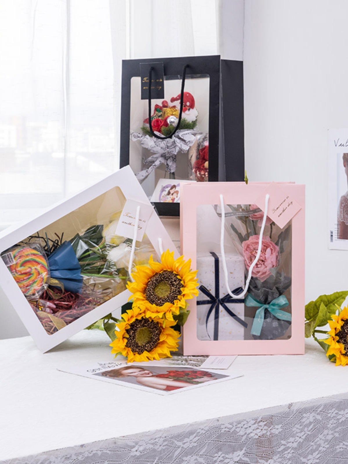 情人节橱窗袋子鲜花满天星大花束手提袋开窗礼品手拎袋网红花袋